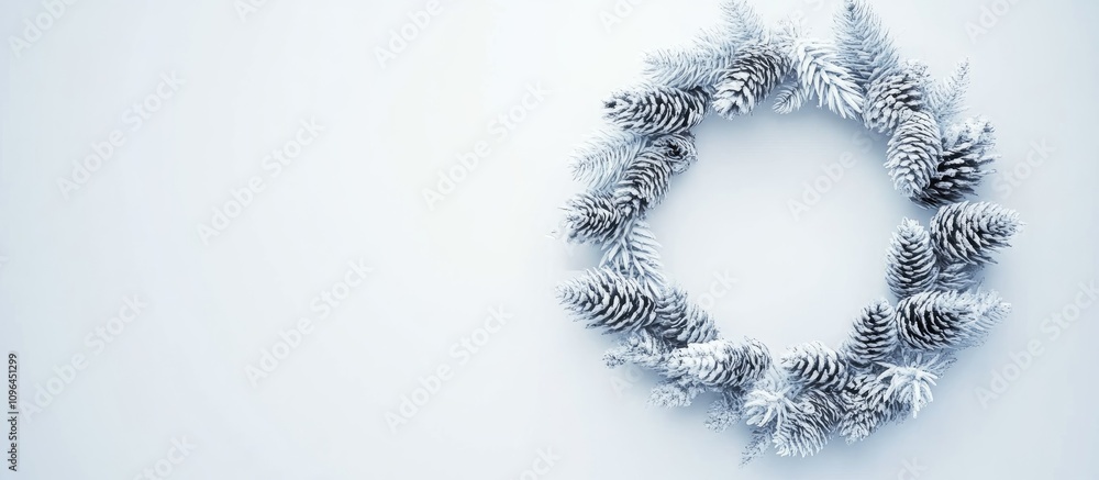 Poster minimalistic wreath of frosted pine cones on a white background with empty space for text in an aeri