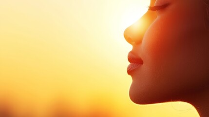  a woman with her eyes closed, her face illuminated by the warm light of the setting sun The background is blurred, giving the image a dreamy, ethereal feel