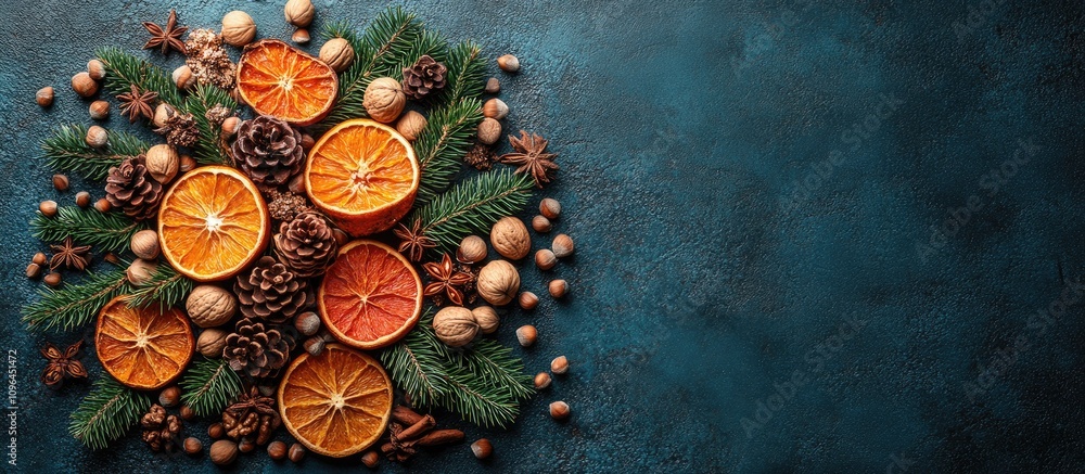 Poster Festive arrangement of dried orange slices nuts and spices creating a Christmas tree scene viewed from above on a textured dark background
