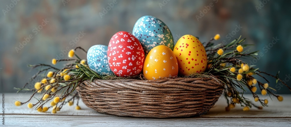 Poster colorful easter eggs in a wicker basket with willow branches on a rustic wooden table festive holida