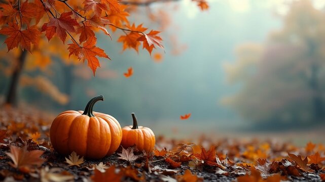 A forest with pumpkins and trees in the background a thanksgiving theme