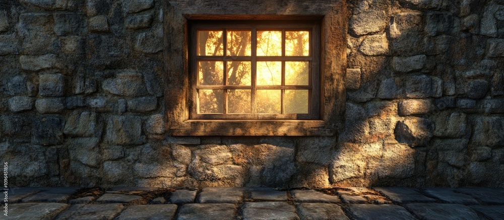 Poster warm afternoon light streaming through a rustic stone window creating an inviting atmosphere in an a
