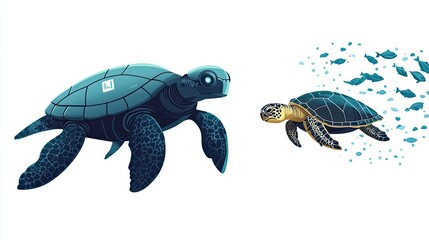 Obraz premium A Futuristic Mechanical Sea Turtle Interacting with a Traditional Sea Turtle