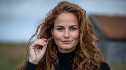 Naklejka premium a woman with long red hair wearing a black dress, smiling at the camera with a blurred background