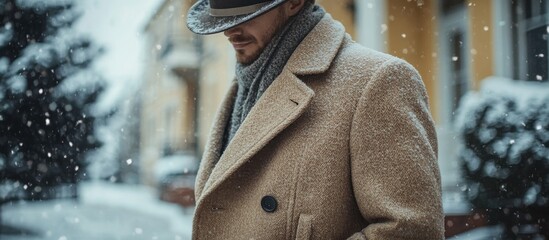 Stylish man in winter coat holding hat outdoors with snow falling beside a house fashion photography capturing warmth and elegance in winter scene