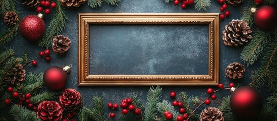 Christmas themed flat lay with decorative elements and a golden frame on a textured grey background for your seasonal design needs