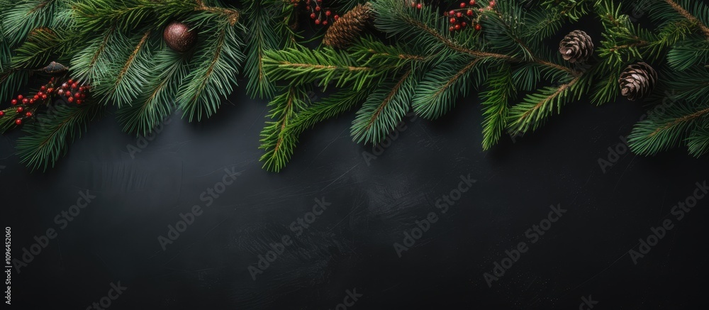 Aufkleber christmas flat lay with fir branches pinecones and berries on dark background creating a festive atm