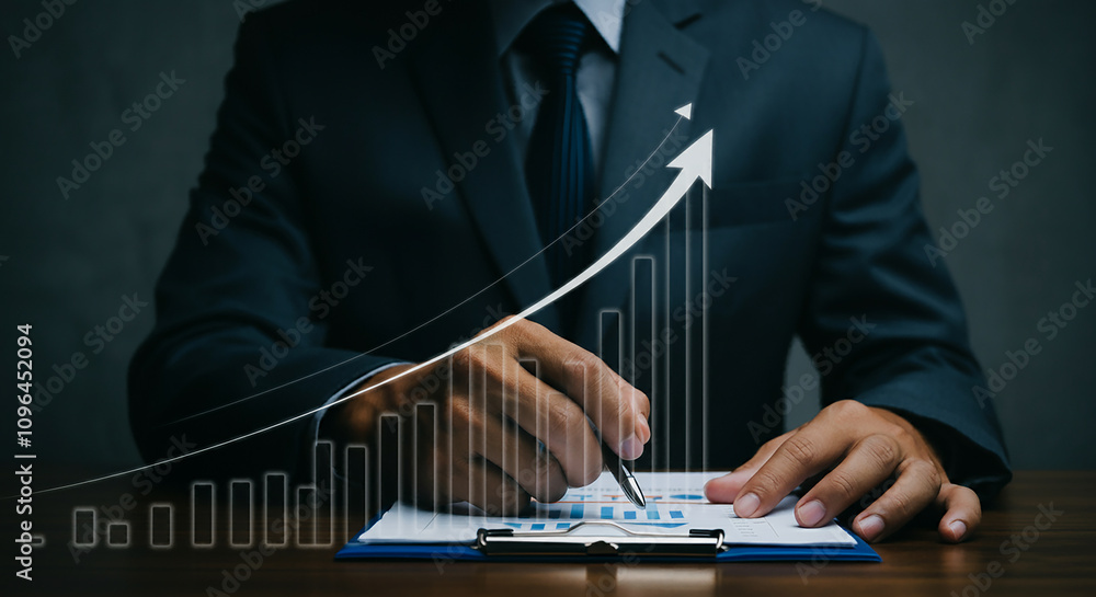 Poster increasing product or service quality and optimizing costs to boost productivity. a businessman with