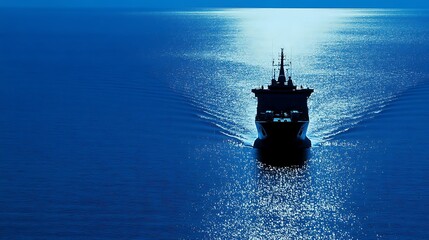Fototapeta premium A silhouette of a ship navigating through calm waters under a twilight sky.