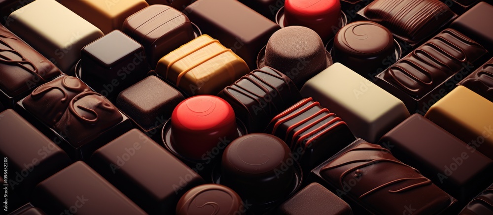 Poster assortment of assorted chocolates arranged in a visually appealing layout showcasing rich textures a