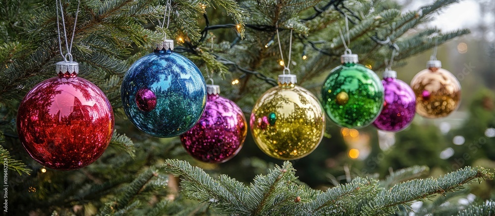 Poster colorful christmas ornaments hanging on fir tree branches creating a festive atmosphere for winter c