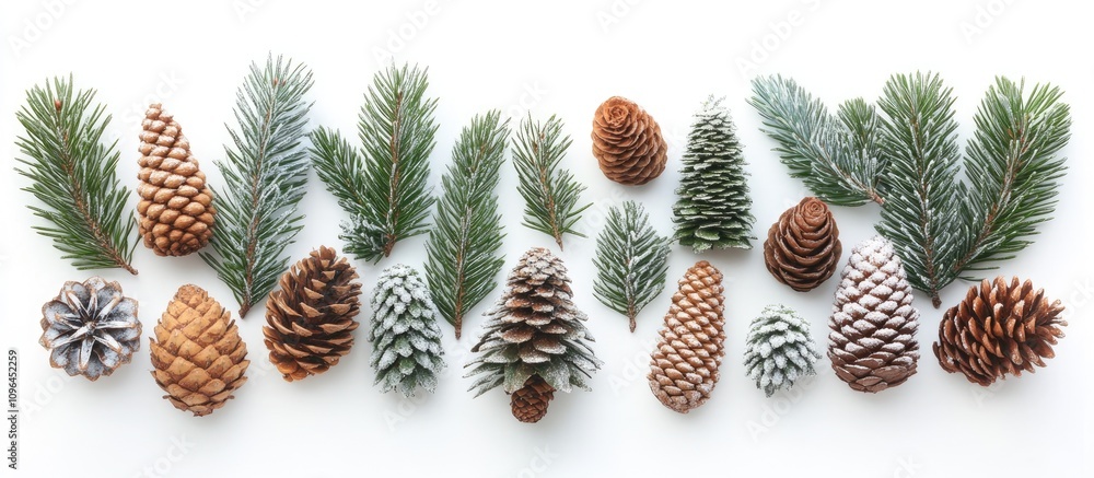 Poster winter nature arrangement with pine cones and evergreen branches on a white background top view for 