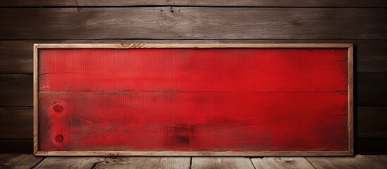 Red wooden signboard with a rustic frame on a wooden background ideal for customizable text or advertising purposes in various designs.