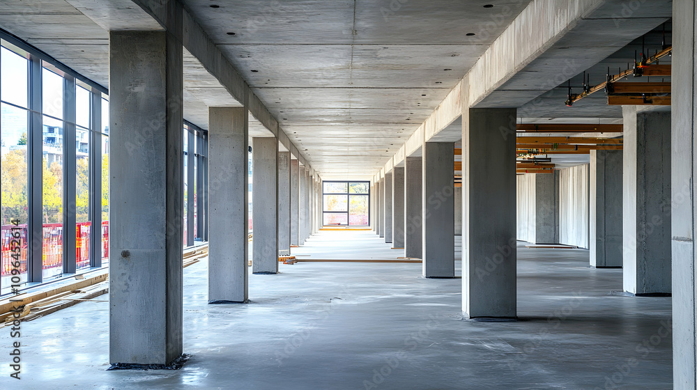 Poster concrete structure: interior view of a modern building under construction, showing rows of support c