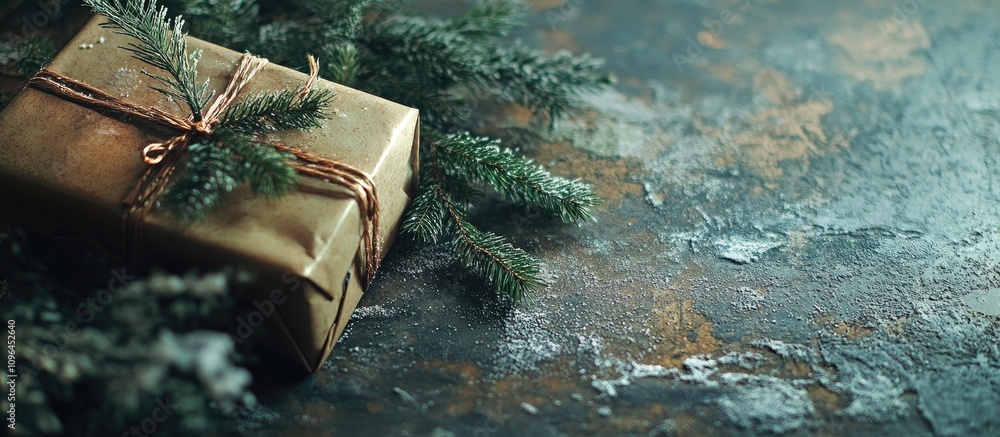 Aufkleber Christmas gift and pine branches creating a cozy festive atmosphere on a rustic background with a shallow depth of field for seasonal warmth