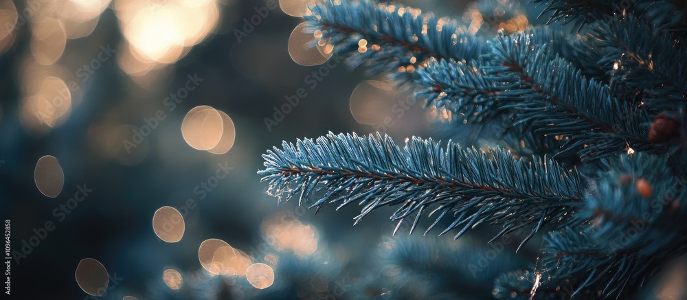 Aufkleber Christmas spruce tree branch with defocused silver bokeh lights creating a festive and magical atmosphere in a winter setting.