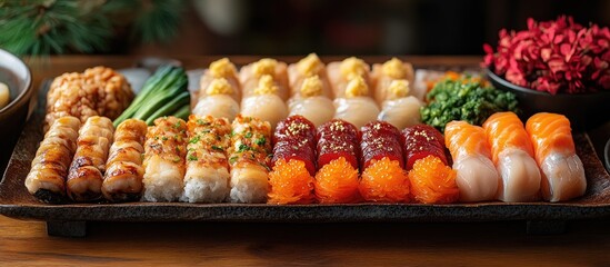 Japanese New Year Traditional Cuisine Platters Featuring O SE CHI with Sushi and Seasonal Ingredients for Celebration