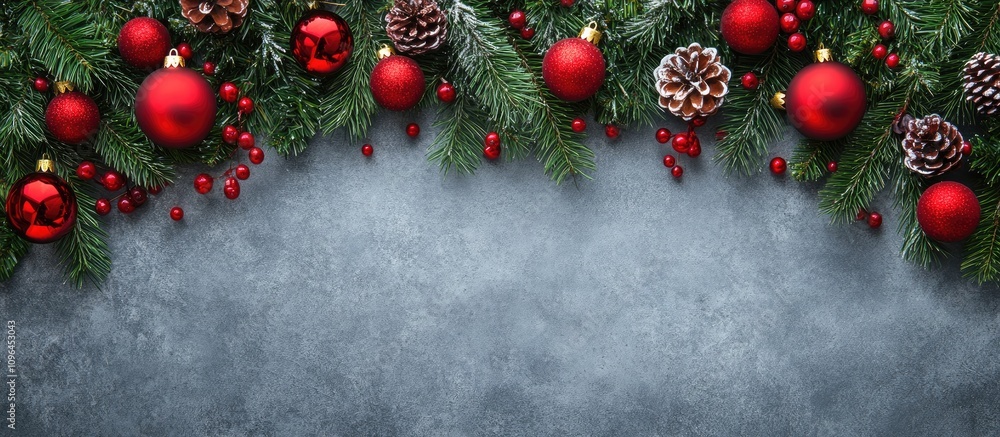 Poster christmas and new year decorations with red ornaments and pine cones on gray background for festive 