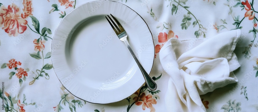 Poster elegant dining setup with a white plate and fork on a floral patterned linen tablecloth complemented