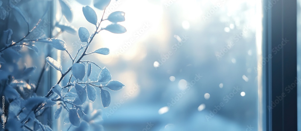 Poster frosty window with delicate rime and soft bokeh light creating a serene winter atmosphere in a cozy 