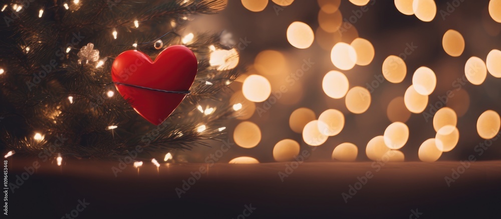 Poster Christmas tree decorated with heart shaped ornament and soft bokeh lights creating a warm festive atmosphere in a cozy setting