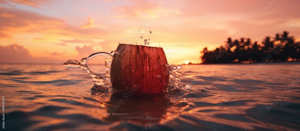 Poster refreshing coconut water splashing in the ocean at sunset with palm trees in the background creating