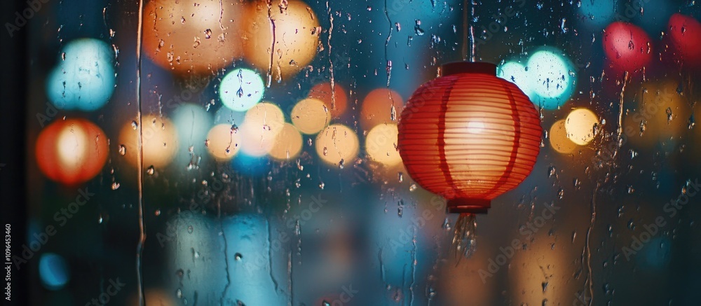 Poster rain drops on window with bokeh effect featuring vibrant lanterns in blurred nighttime street scene 