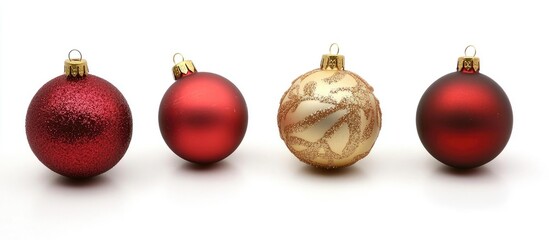 Elegant Christmas ornaments in red and gold colors arranged on a white background for festive holiday decoration concepts