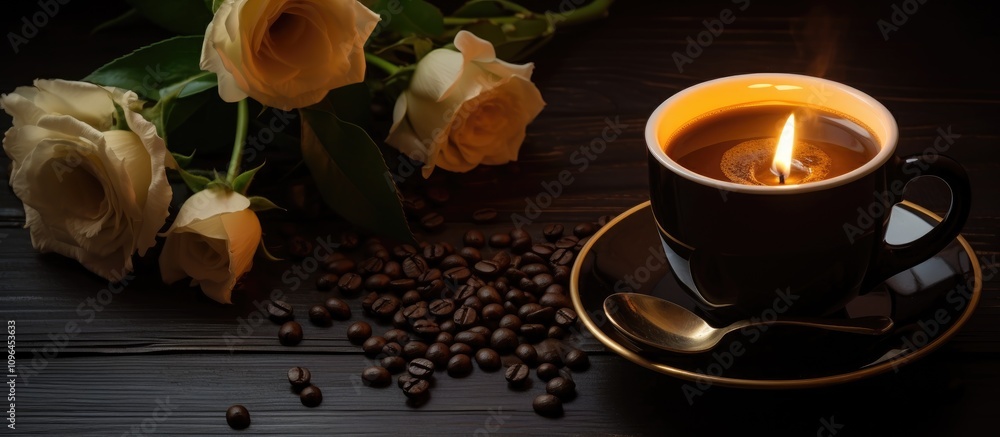 Aufkleber black coffee cup with candlelight and roses on a rustic wooden table creating a serene and warm atmo