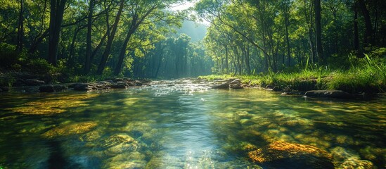 Obraz premium Serene creek flowing through lush forest landscape with dappled sunlight and clear water in natural park setting