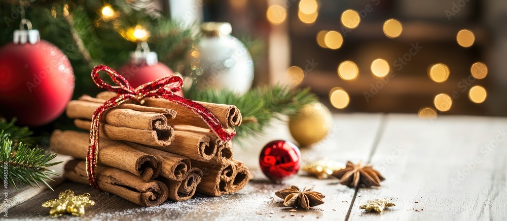 Poster cinnamon sticks adorned with festive decoration surrounded by holiday elements and bokeh lights on a
