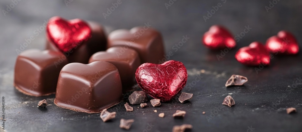 Aufkleber chocolate heart shaped candy assortment with red foil hearts and cocoa chunks for romantic occasions