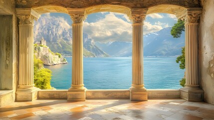 Scenic view of a lake framed by ancient columns in a serene environment.
