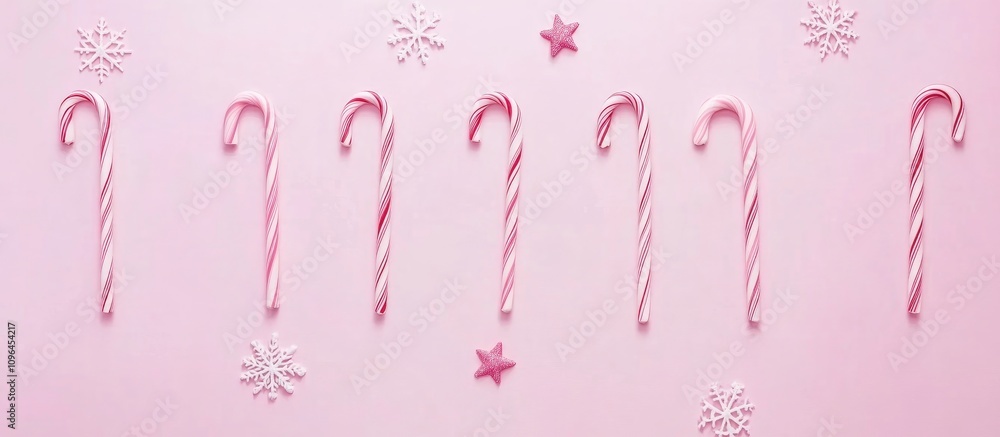 Aufkleber christmas candy canes in a row on pink background with decorative snowflakes and stars creating a fe