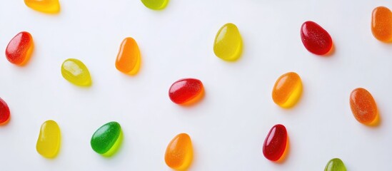 Colorful gummy candies arranged artistically on a white background showcasing a vibrant assortment of sweet chewy treats
