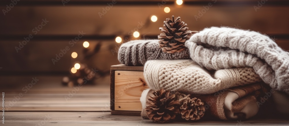 Poster cozy knitted sweaters and wool socks stacked with pine cones on wooden surface creating a warm winte