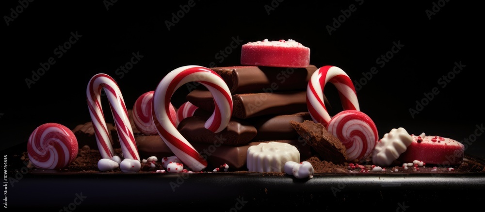 Poster chocolate treats and candy canes arranged on a dark backdrop creating a festive and appetizing holid