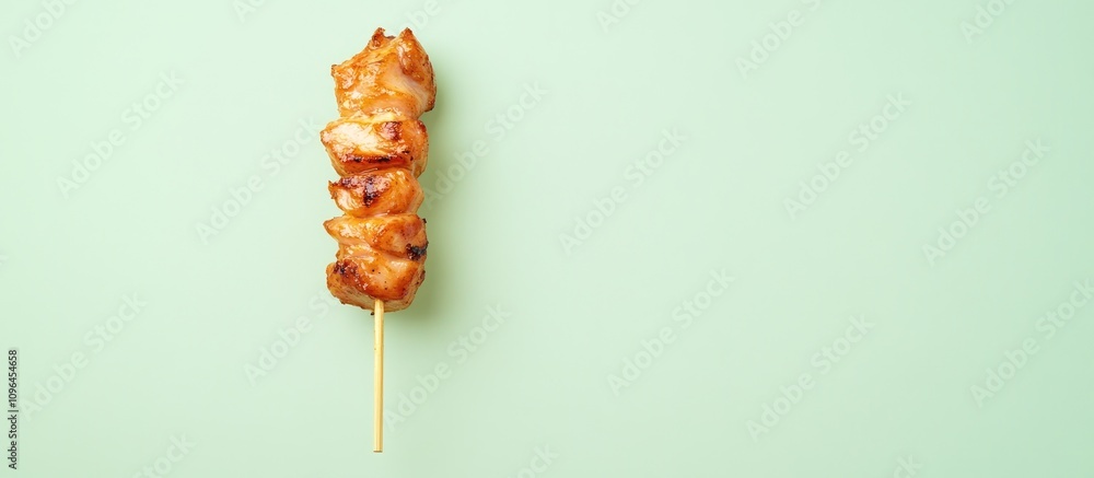 Aufkleber grilled chicken skewer presented on wooden stick against a soft green background offering ample copy