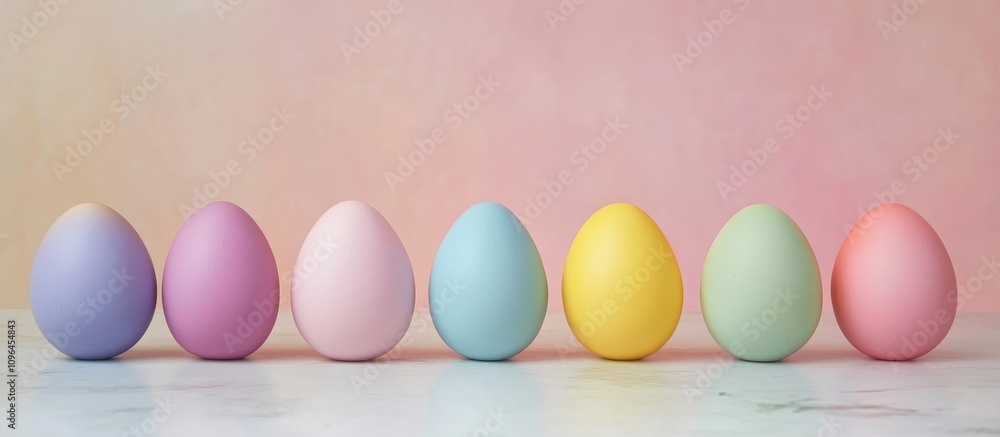 Poster pastel colored easter eggs arranged in a row against a soft pink table backdrop for spring holiday c