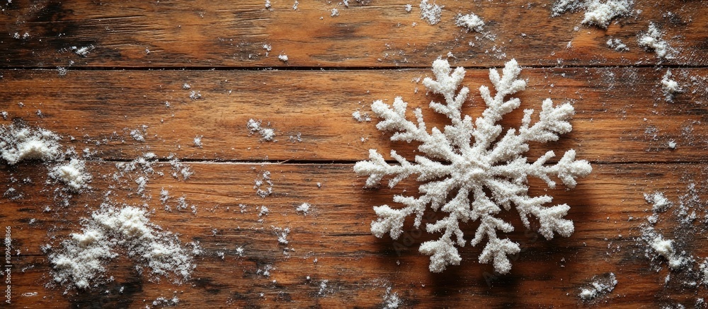 Aufkleber flour snowflake decoration on rustic wooden table with scattered flour creating a cozy christmas atm