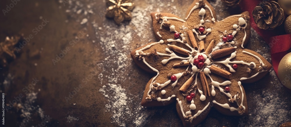 Poster christmas gingerbread snowflake cookie adorned with spices and festive decorations on a rustic backg