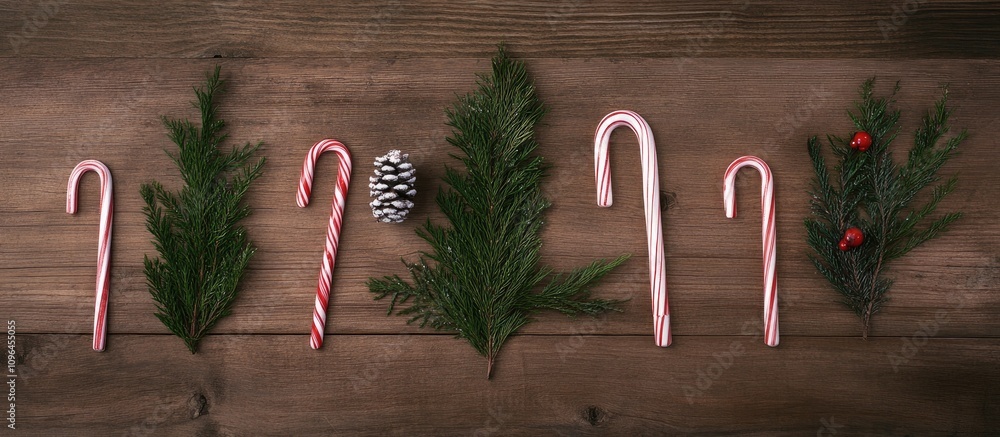 Aufkleber christmas tree branches and candy canes arranged on wooden table for festive background with space f