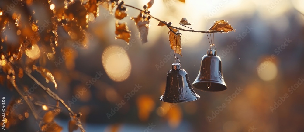 Poster Christmas bells hanging from a branch with autumn leaves and a softly blurred background creating a warm festive atmosphere.
