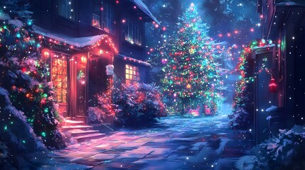 Winter wonderland with colorful lights and a decorated Christmas tree in a snowy street.
