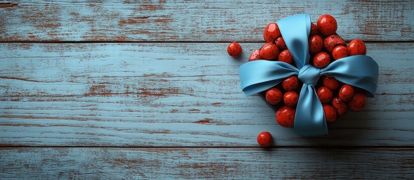 Gift box with blue ribbon and red coral beads on rustic wooden table space for personalized message or celebration text