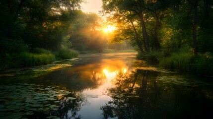Obraz premium Serene sunrise over a tranquil river surrounded by lush greenery.