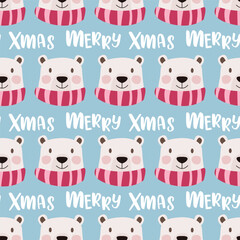 Merry xmas festive seamless pattern with polar bear. Cute vector design, flat illustration