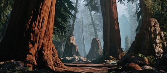 Majestic grove of towering giant sequoia trees surrounded by misty forest atmosphere and serene natural beauty
