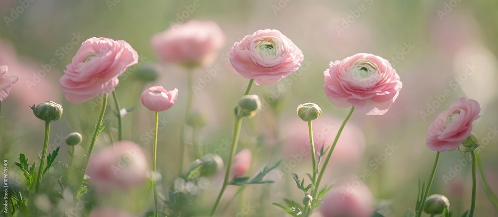 Poster delicate pink ranunculus flowers in soft focus with light background ideal for text overlay and flor