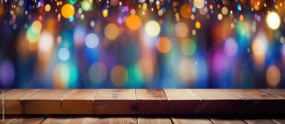 Poster Colorful bokeh background with rustic wooden surface for product display or festive occasions